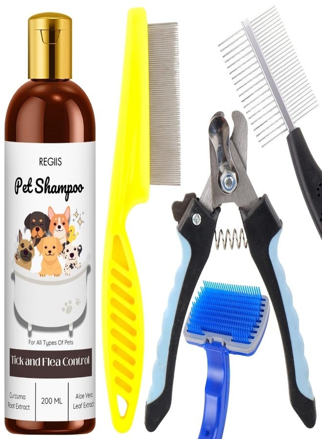 Regiis Pet Grooming Kit with Tick and Flea Control Shampoo, Nail Clippers, Metal Combs, Self-Cleaning Brush, 200ml(PACK OF 5) - Image 1